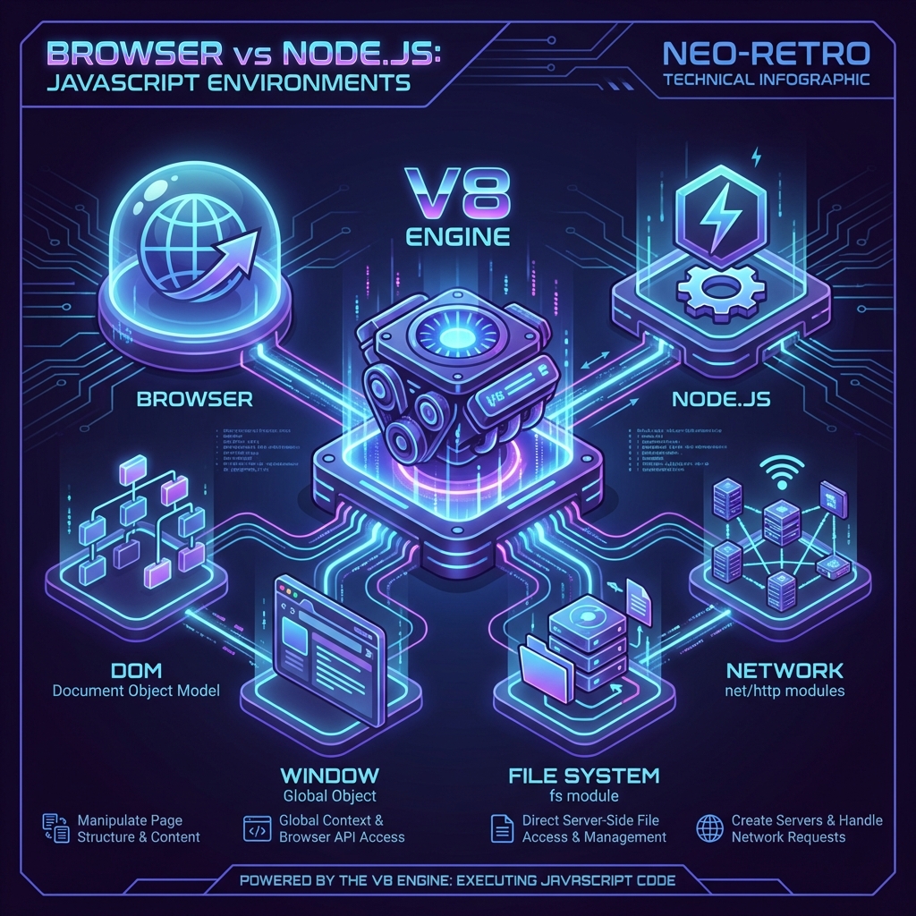 Infographic comparing Browser vs Node.js environments. Center: V8 Engine. Left: Browser connecting to DOM and Window. Right: Node connecting to File System and Network.