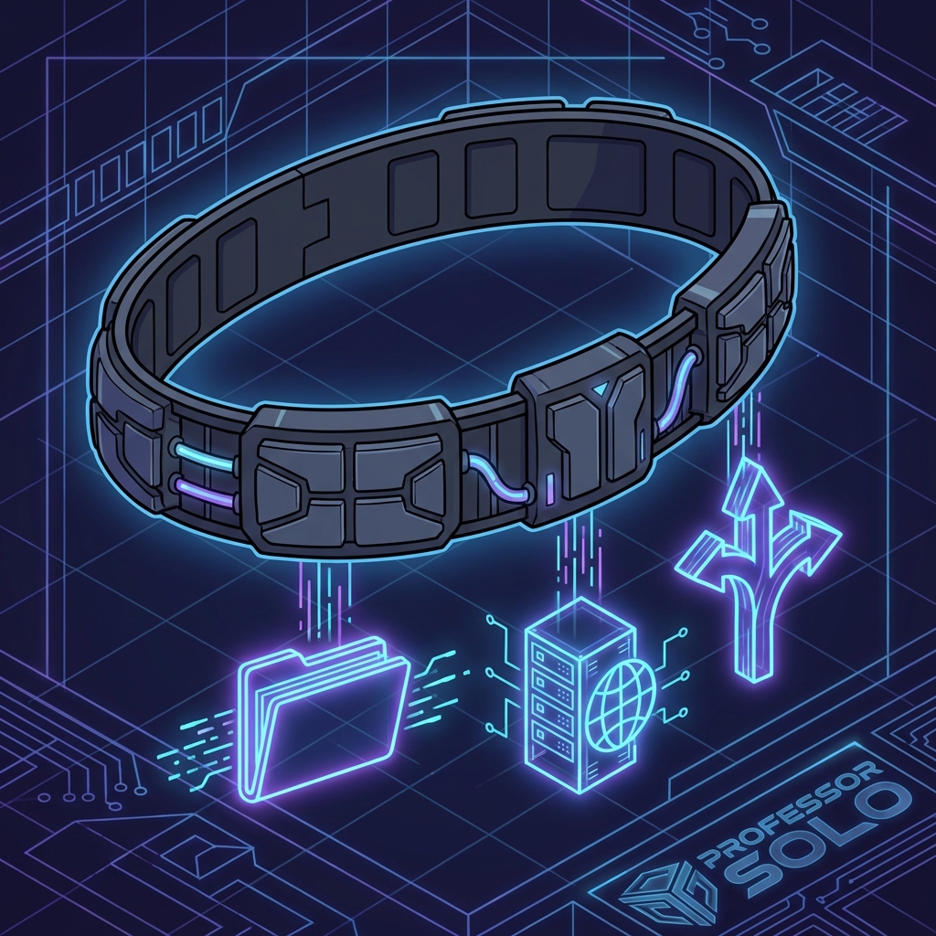 A Neo-Retro illustration of a utility belt with glowing modules attached