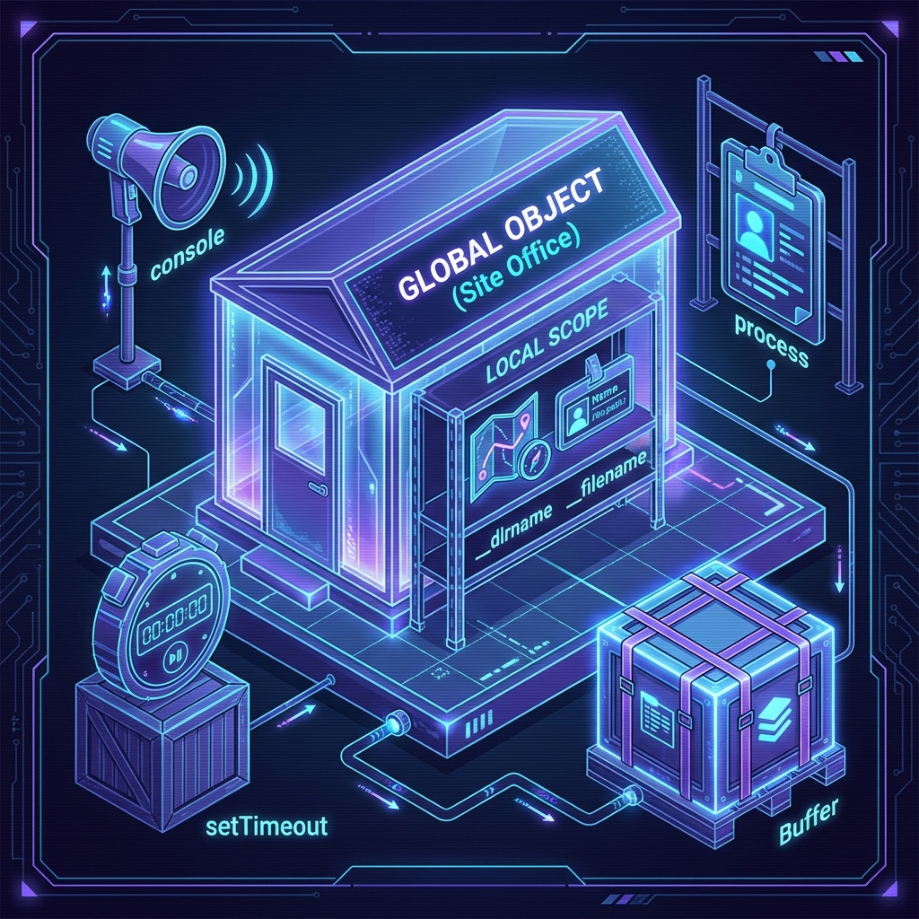 Infographic showing the Node.js Global Object as a Site Office with tools like console, setTimeout, and process.