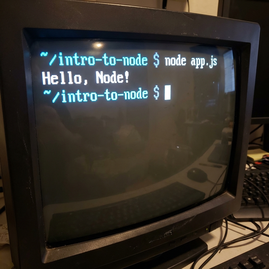 A close-up of a terminal screen displaying 'Hello, Node!' output.