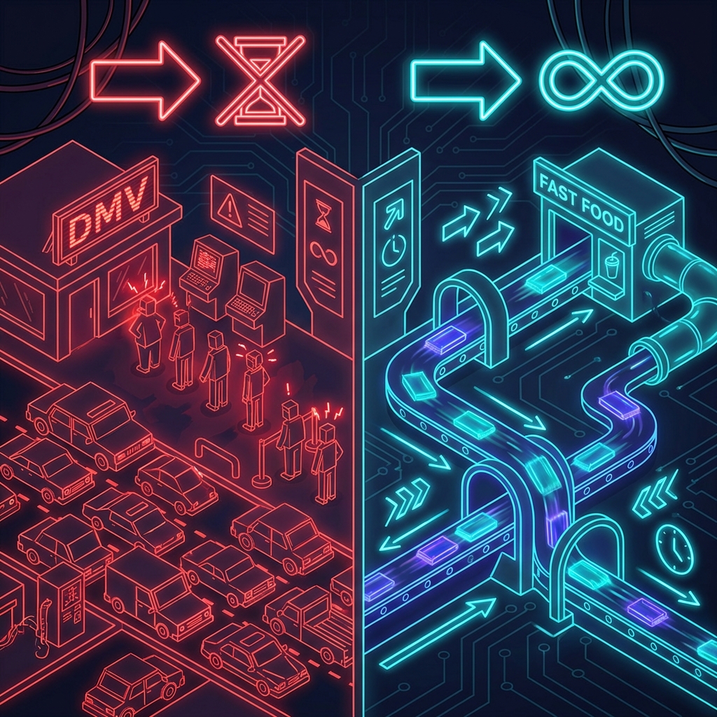 A neon-retro diagram comparing a traffic jam (Blocking) to a high-speed conveyor belt (Non-Blocking)