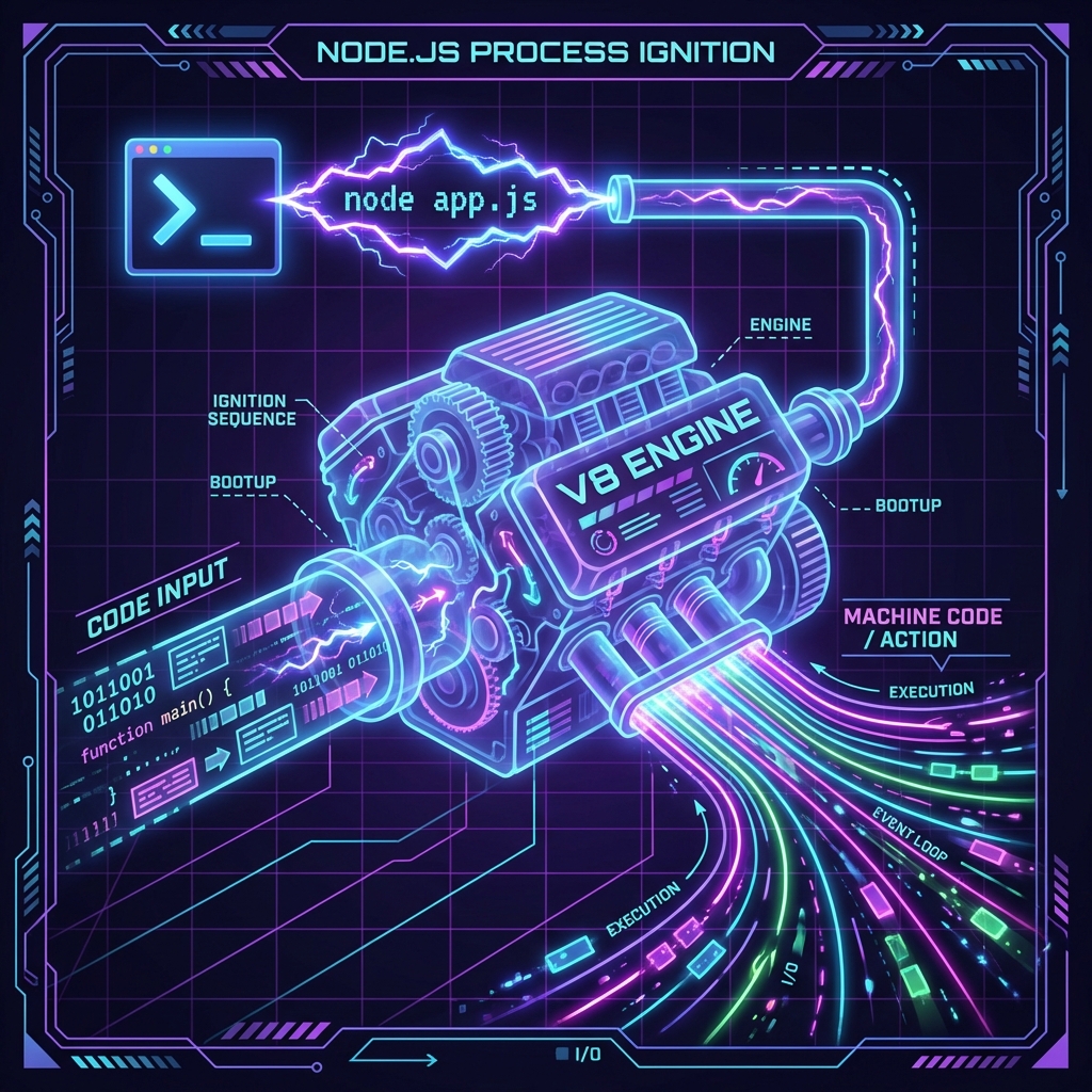 A Neo-Retro diagram showing a command prompt sparking a V8 engine which intakes code and exhausts machine action.