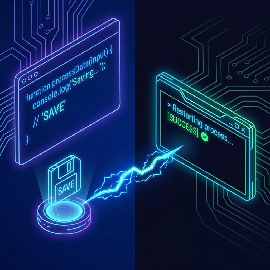 A split screen illustration. Left: Code editor with glowing save icon (Electric Indigo). Right: Terminal restarting process (Cyan Glow). Connected by a Digital Lightning Bolt. Concept: Instant feedback loop.