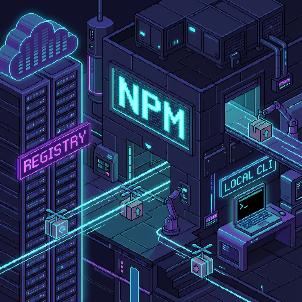 NPM Warehouse - A pixel art representation of the NPM registry as a futuristic warehouse with drones delivering packages to a local CLI