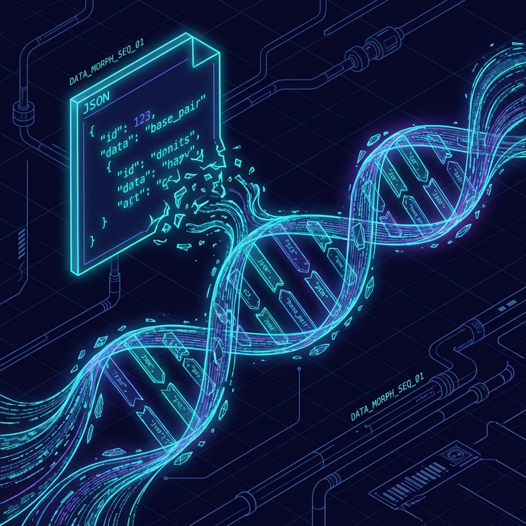 A neon-retro technical illustration showing a JSON document morphing into a DNA double helix.