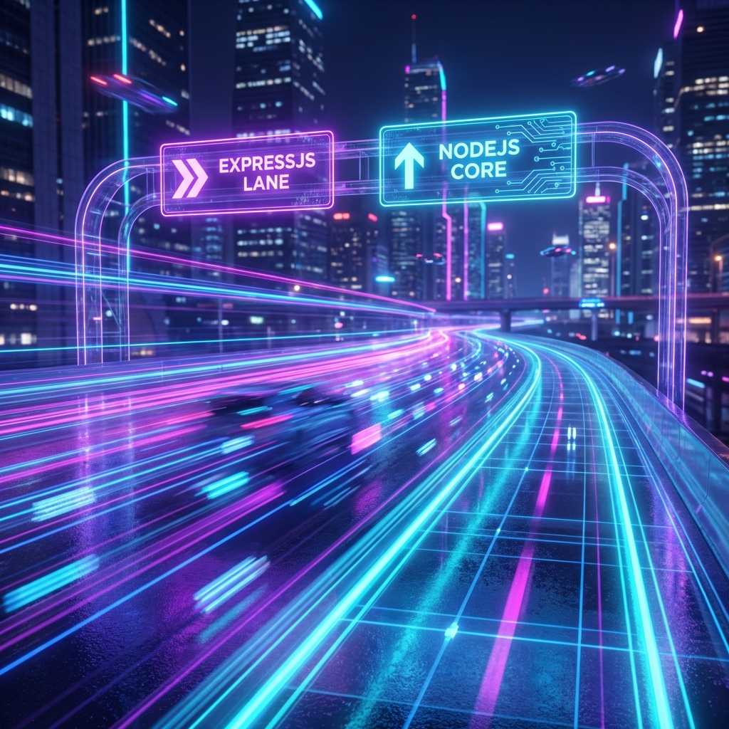 A neon-lit futuristic highway on-ramp with signs pointing to ExpressJS and Node Lanes. Long exposure light trails symbolize data speed.