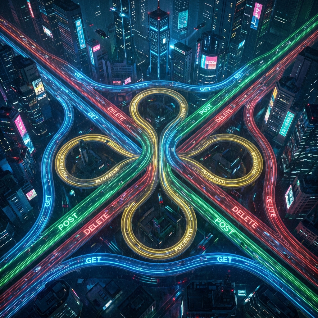 A complex, neon-glowing highway interchange from a bird's eye view. Different colored lanes represent GET (Blue), POST (Green), PUT (Yellow), and DELETE (Red).