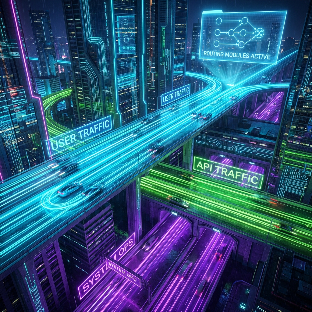 A sleek, multi-level highway system where specific types of futuristic vehicles are segregated into their own dedicated, glowing lanes.