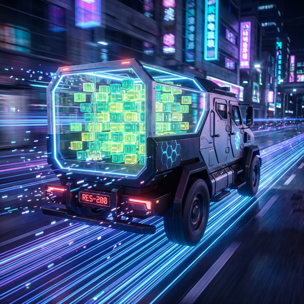 A futuristic armored transport truck speeding down a neon highway. The back is open revealing glowing cubes of JSON data.