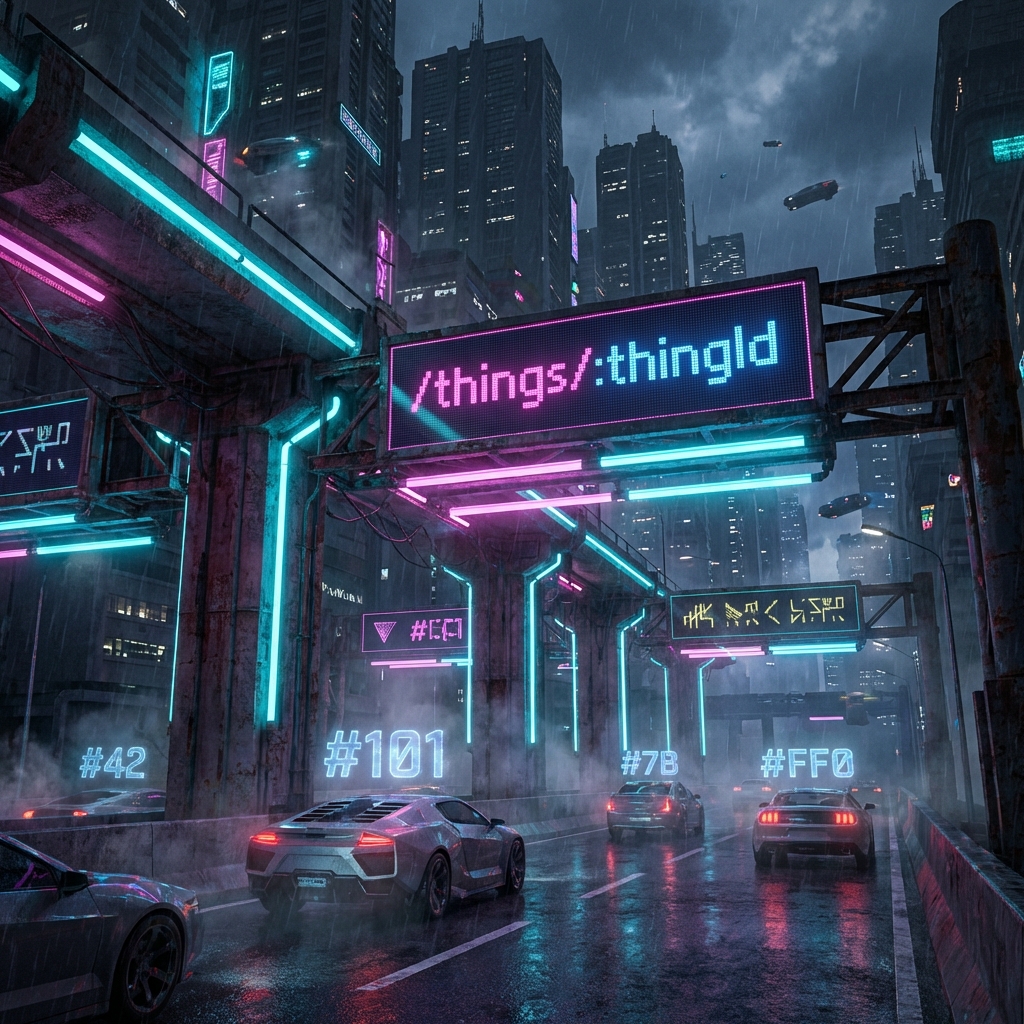 A futuristic neo-retro highway gantry with a neon sign reading /things/:thingId. Floating ID numbers hover over cars passing through the lane.