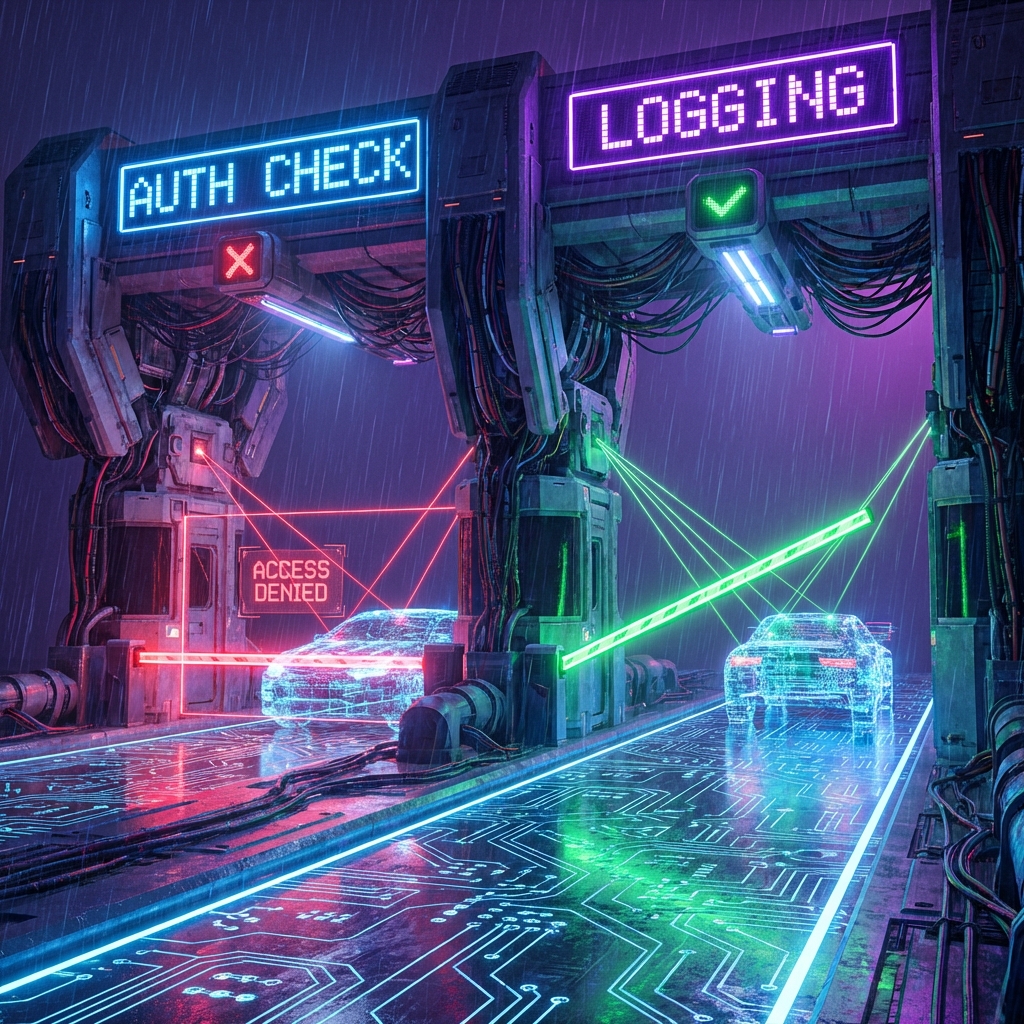 A high-tech digital toll booth / security checkpoint. Scanners shooting laser grids over passing data packets.