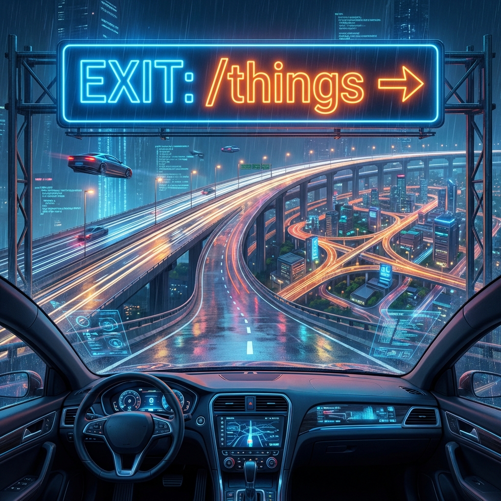 Futuristic highway output sign reading EXIT: /things. Perspective from inside a cyberpunk car.