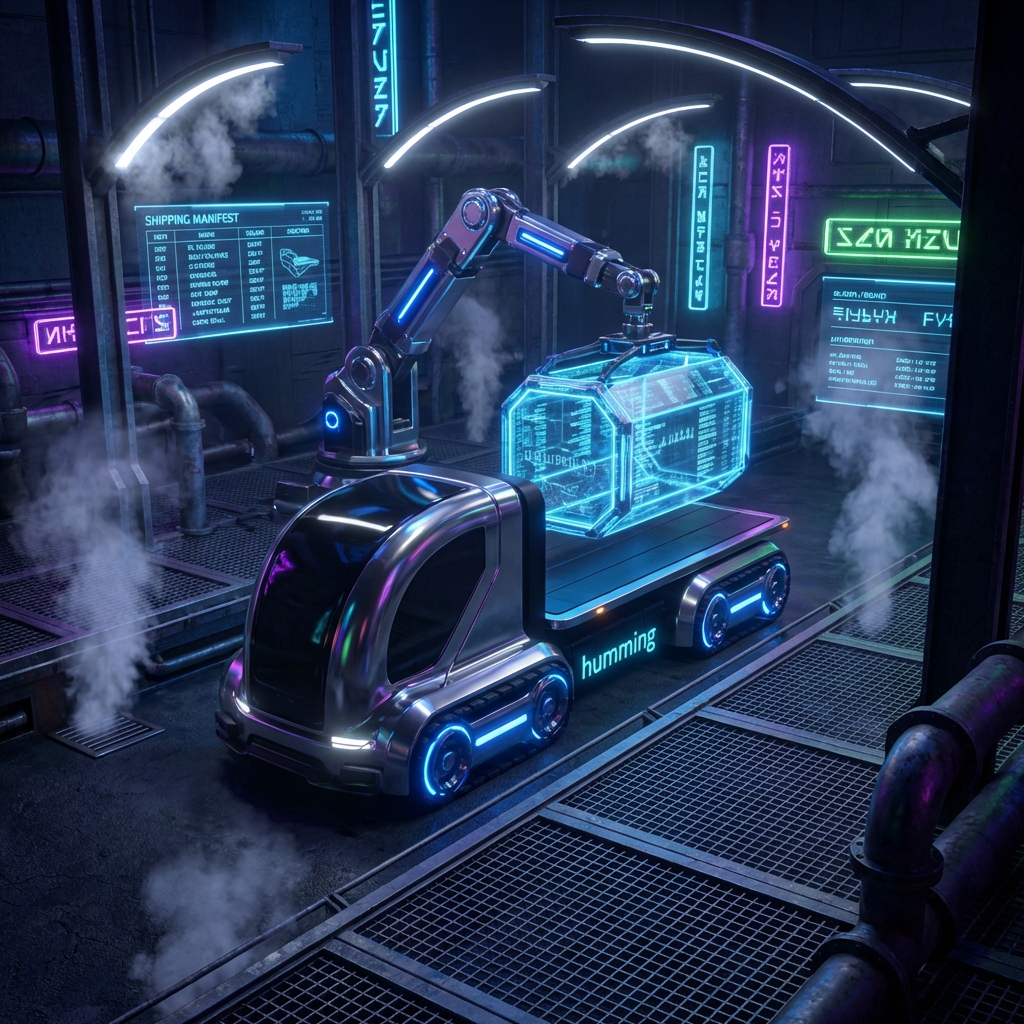 Sci-fi loading dock loading a glowing blue data container onto awaiting transport vehicle.