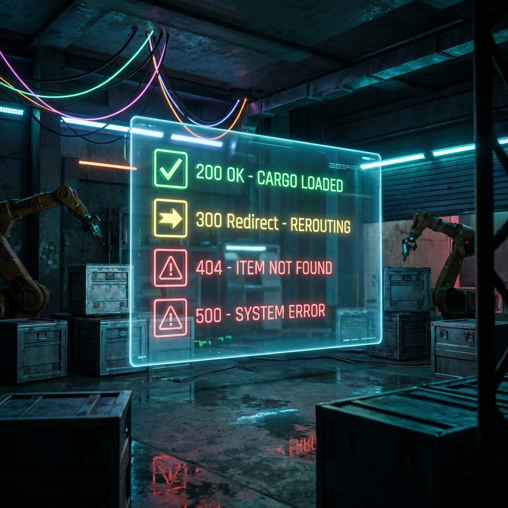 Holographic shipping manifest checklist showing 200 OK (Loaded), 300 Redirect (Rerouting), 404 Not Found, and 500 System Error.