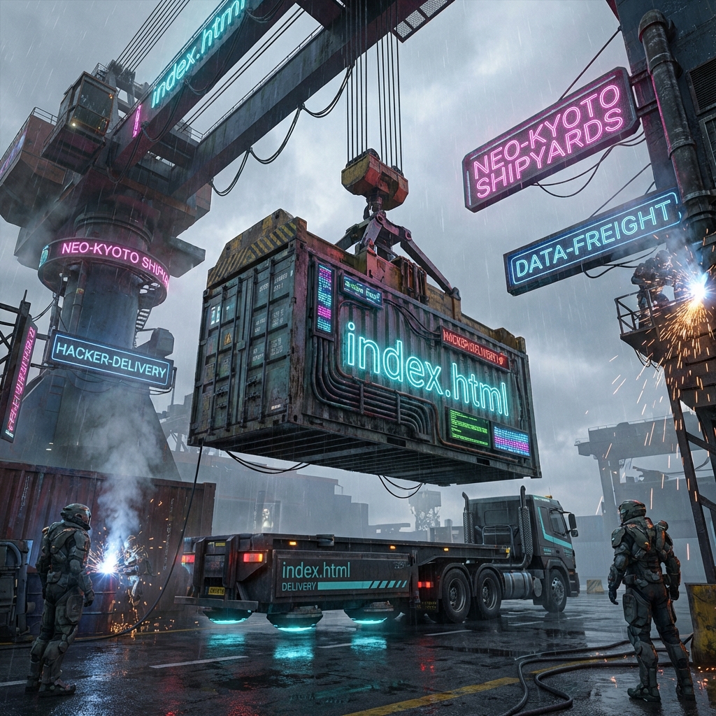 Shipyard crane lifting a shipping container labeled index.html onto a truck.