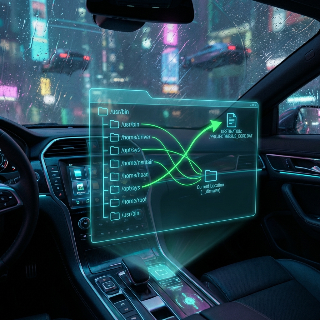 Holographic GPS navigation interface showing a neon green path through a complex directory structure.