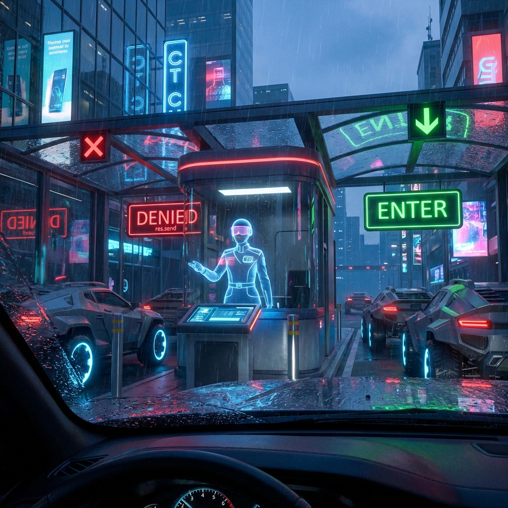 Cyberpunk international border crossing with a holographic customs officer. One lane green for ENTER, one lane red for DENIED.