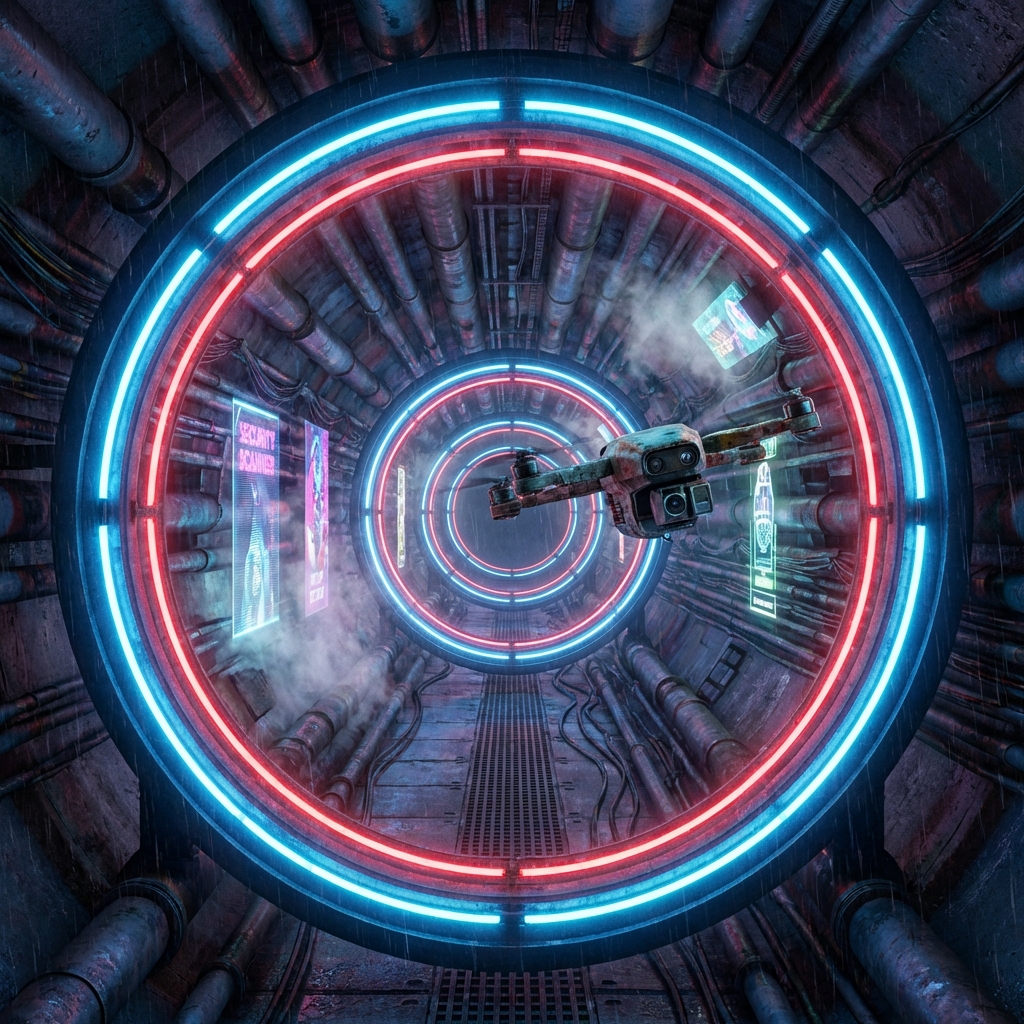 A long sci-fi tunnel with multiple glowing scanner rings spaced out sequentially.