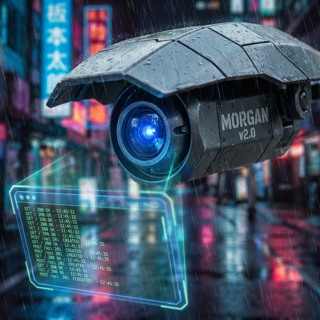 A high-tech surveillance drone camera with 'MORGAN' stenciled on the side, projecting a holographic log of HTTP requests.