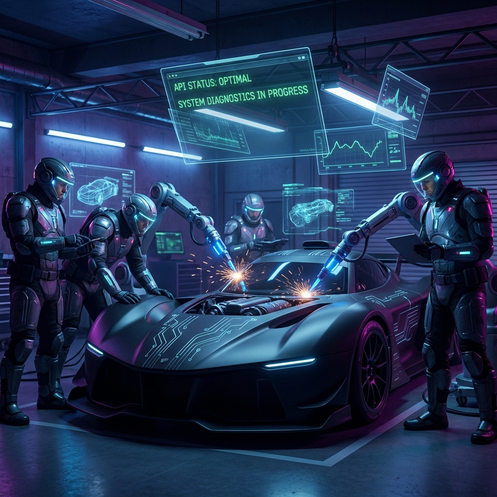 A high-tech cyberpunk pit crew servicing a sleek code-racer. Robotic arms adjusting parameters, neon diagnostic screens showing 'API STATUS: OPTIMAL'. The vibe is urgent but precise.
