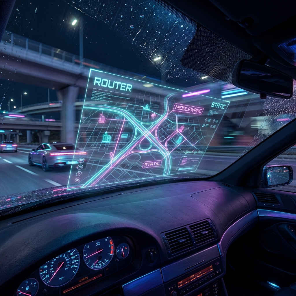 A glowing, holographic roadmap floating above a dashboard. Neons lines trace the routes of Express. Key landmarks like 'Router', 'Middleware', and 'Static' are marked as transit stops.