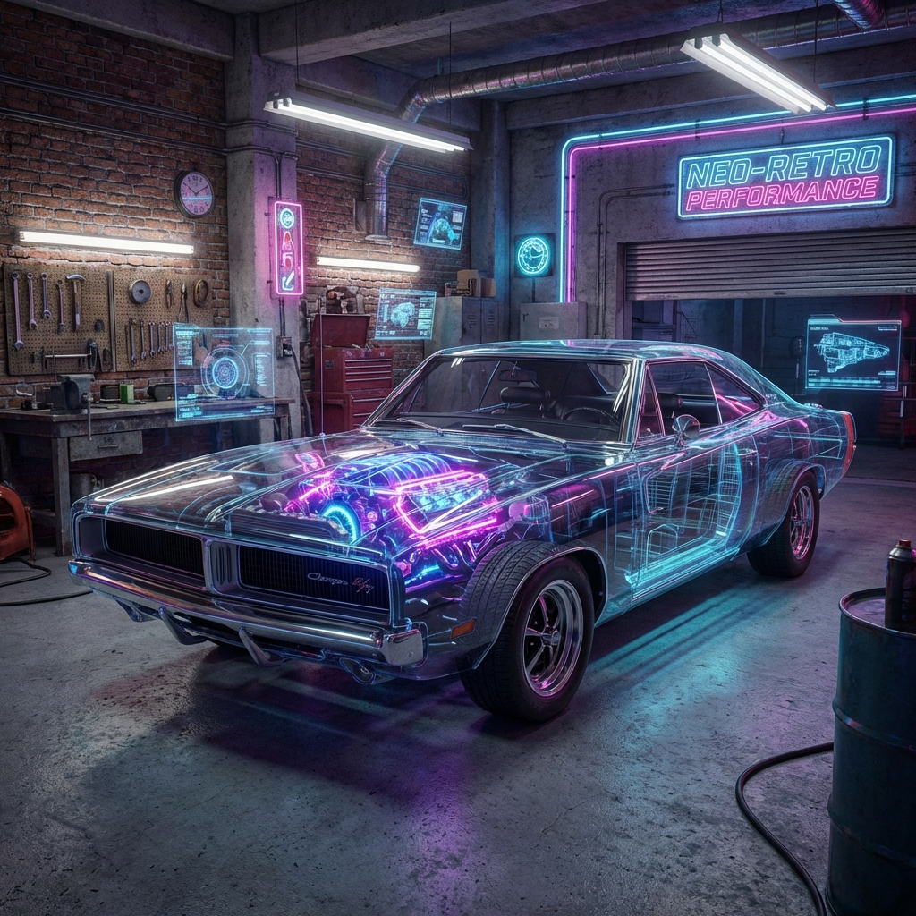 A translucent '69 muscle car revealing a glowing digital engine core, symbolizing the power of EJS templating.