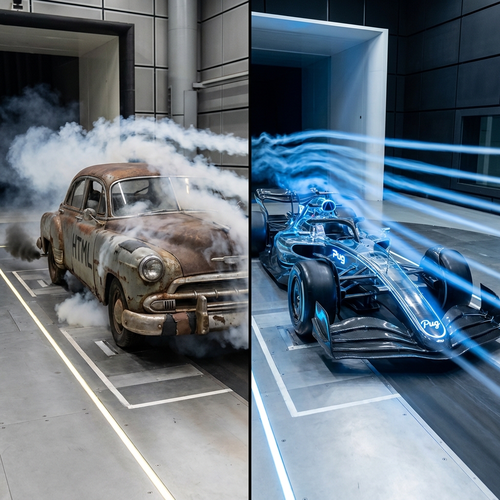 A split-screen comparison. Left side: A clunky, rusty car labeled "HTML". Right side: A sleek, futuristic F1 car labeled "Pug".