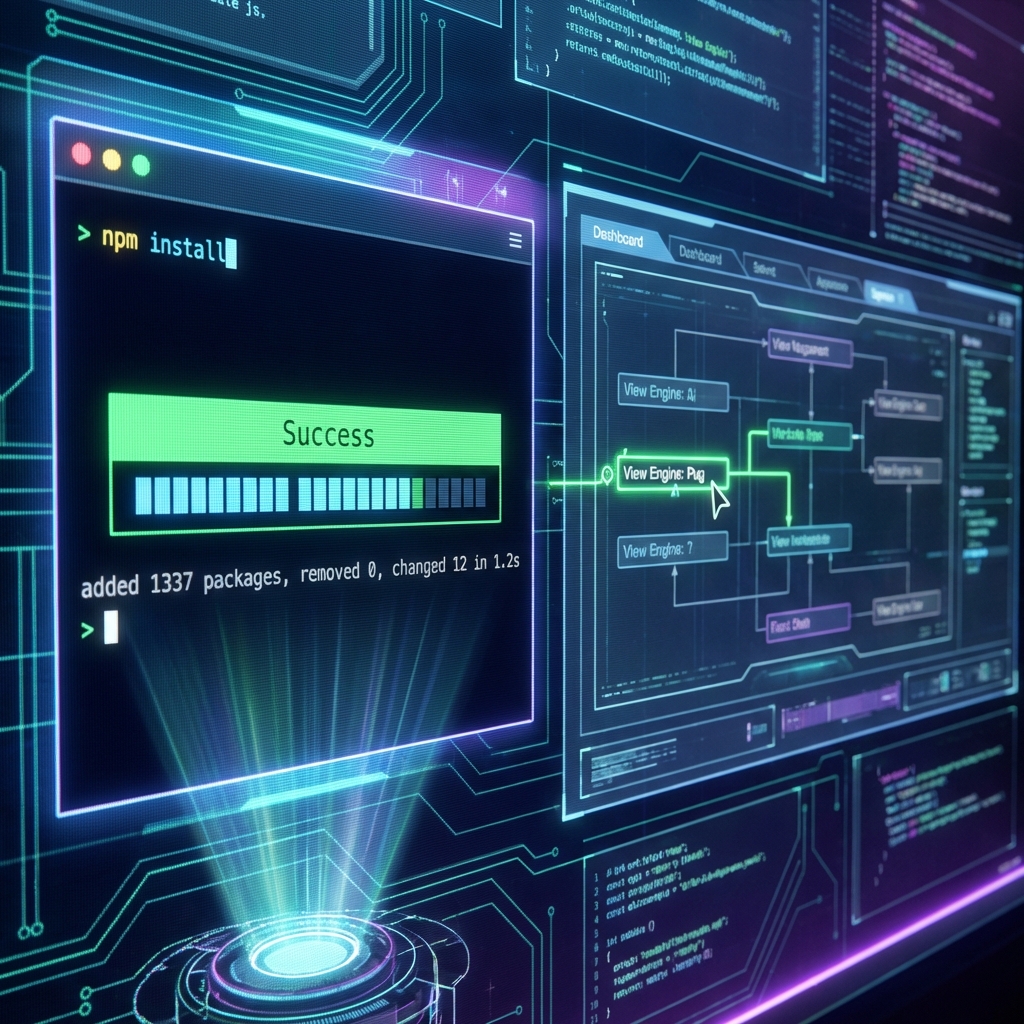 A terminal window showing the 'npm install' command with a green "Success" bar, next to a schematic showing "View Engine: Pug" being selected on a dashboard.