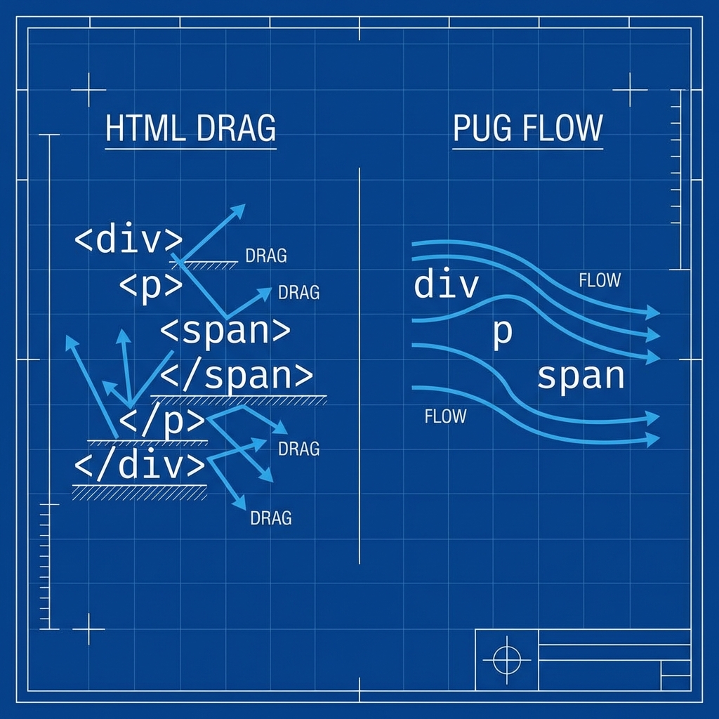 Diagram showing 'HTML Drag' vs 'Pug Flow'. The HTML side has arrows bouncing off closing brackets. The Pug side shows airflow moving smoothly over the indented text.