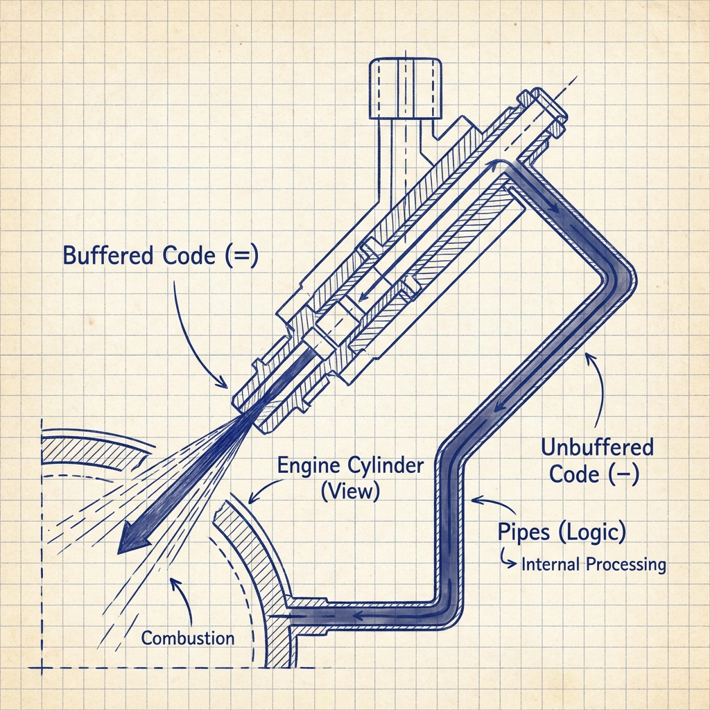 Diagram of a fuel injector. "Buffered Code (=)" sprays fuel into the engine cylinder (View). "Unbuffered Code (-)" flows silently through the pipes (Logic).