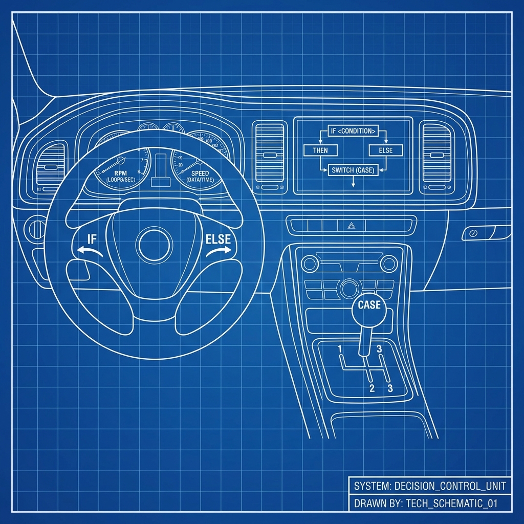 A steering wheel dashboard. "IF" turns left, "ELSE" turns right. "CASE" is a gear shifter selecting options 1, 2, or 3.