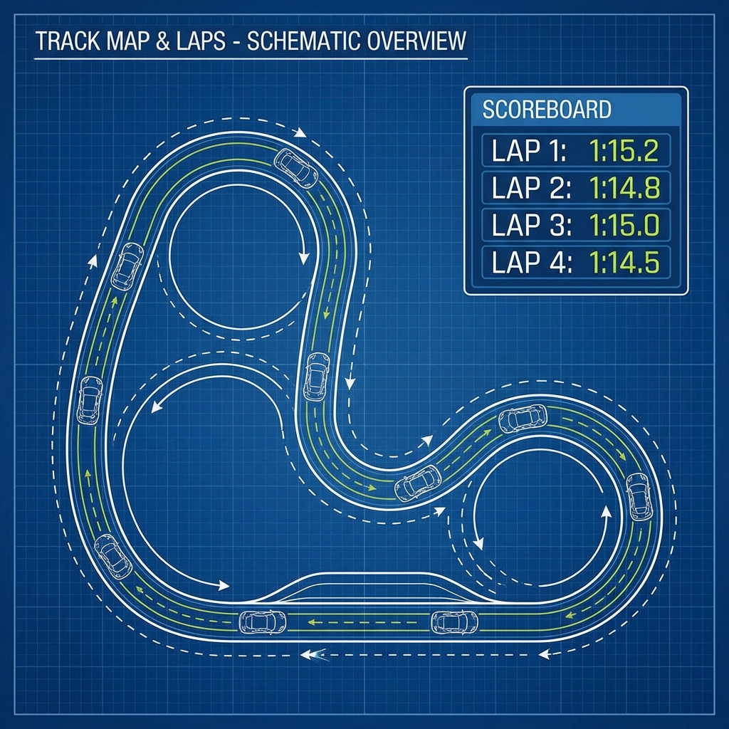 A track map showing a car doing multiple laps. Each lap generates a new list item on a scoreboard.