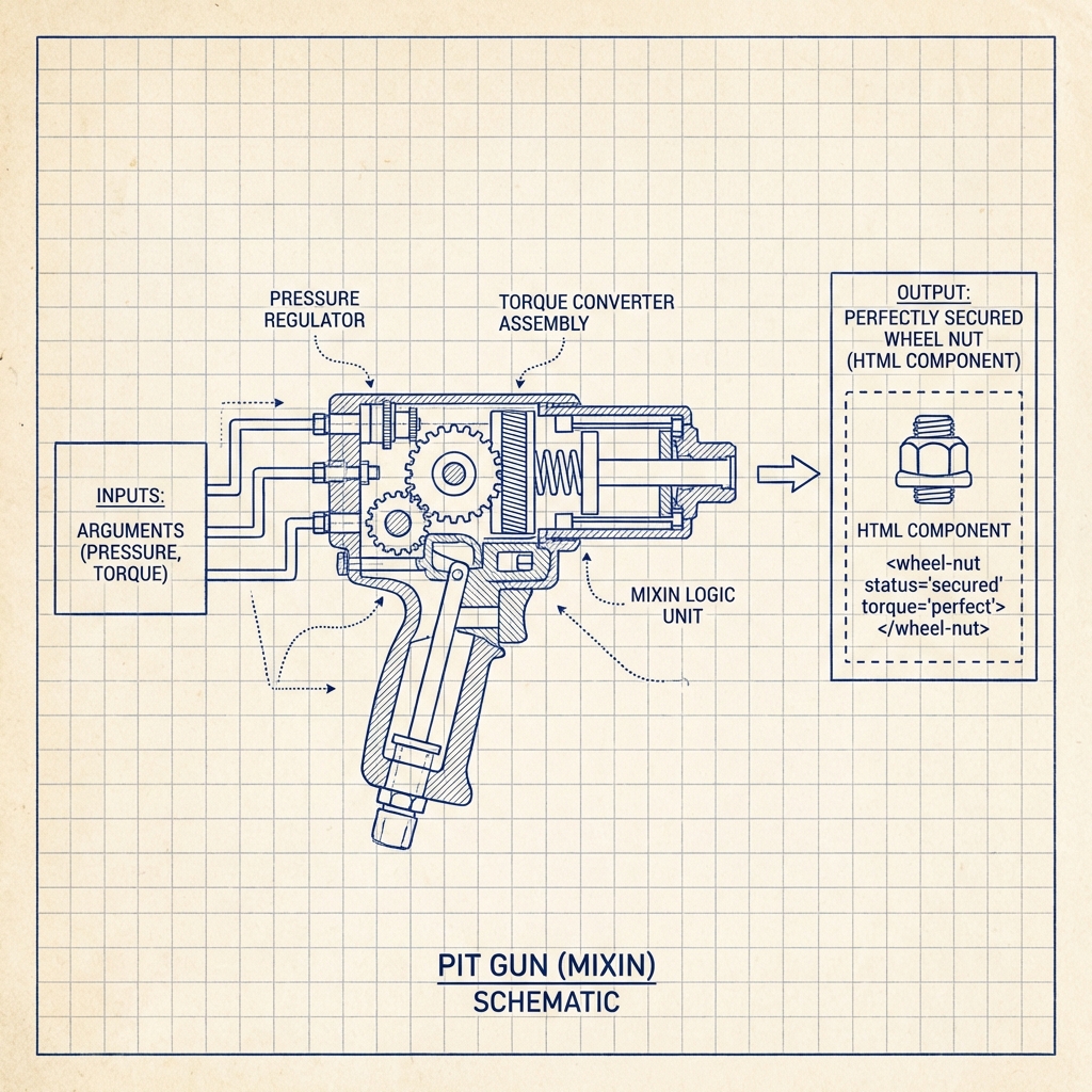 A schematic of a "Pit Gun" (Mixin). Inputs: Arguments (Pressure, Torque). Output: A perfectly secured wheel nut (HTML Component).