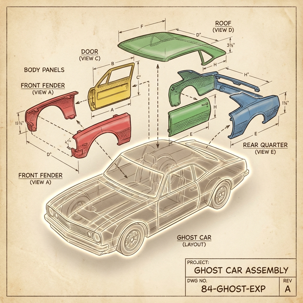 Exploded view diagram. A transparent "Ghost Car" (Layout) serves as the base. Different colored "Body Panels" (Views) snap onto it.