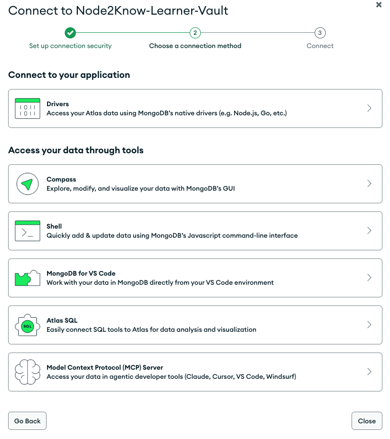 Choosing MongoDB Shell (mongosh) as the connection method