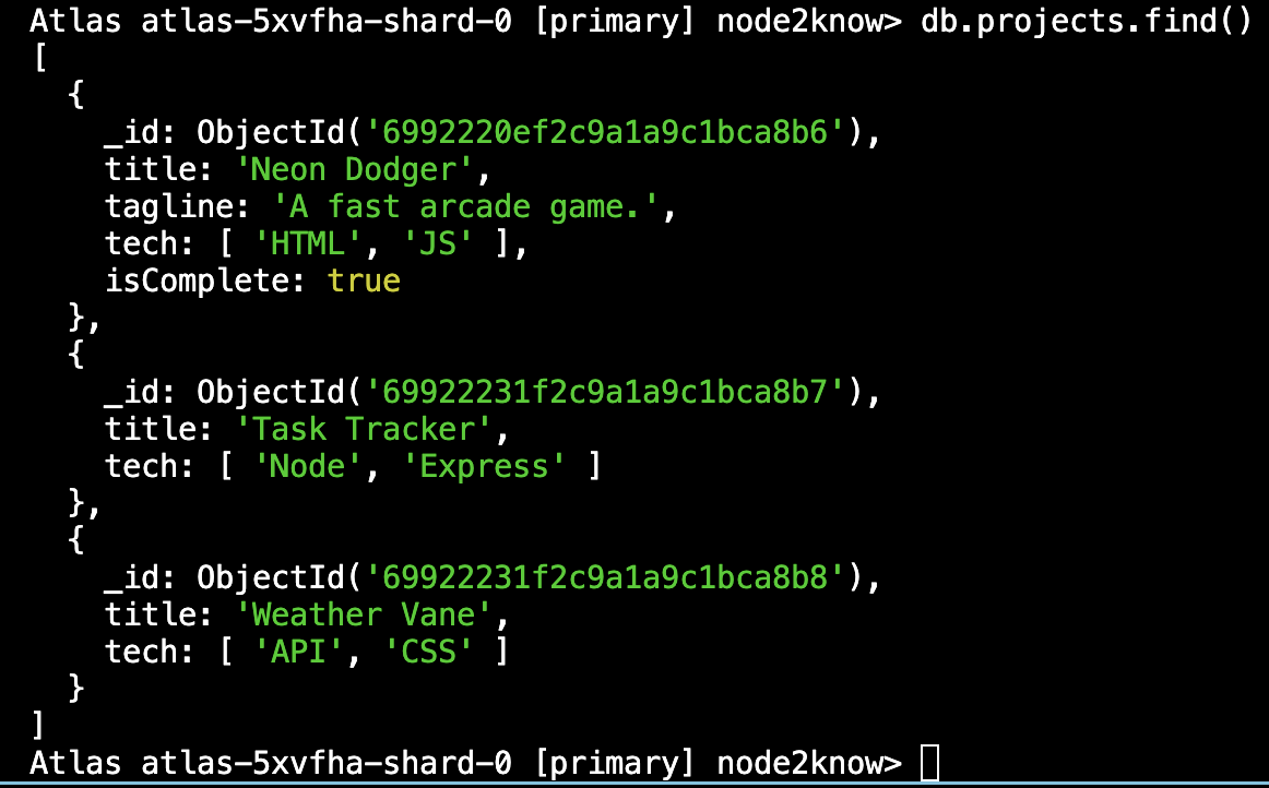 MongoDB Projects Find Output