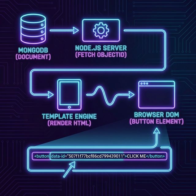 A Neon-Retro themed technical flow diagram highlighting how a 'data-id' attribute passes a Mongoose ObjectId directly from a database document to a DOM button element.