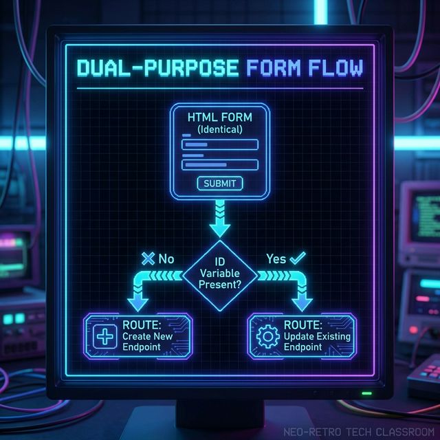 A Neon-Retro themed technical flow diagram showing entirely identical HTML forms diverging based on the presence of an ID variable, routing to 'Create New Endpoint' vs 'Update Existing Endpoint'.