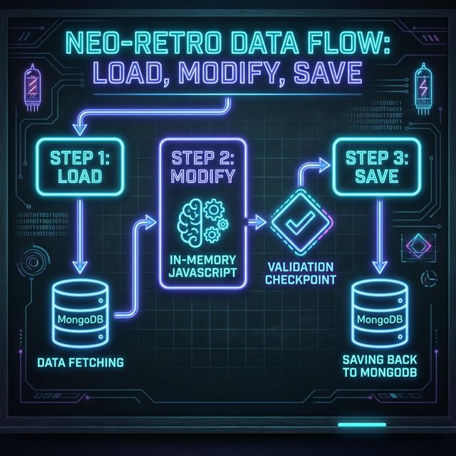 A Neon-Retro themed technical flow diagram illustrating the 3-step 'Load, Modify, Save' pattern: Data fetching from MongoDB, in-memory JavaScript modification, and a Validation Checkpoint before saving.