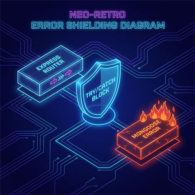 A Neon-Retro themed technical diagram showing a 'try/catch' block acting as a shield, protecting an Express Router from a fiery Mongoose Error.