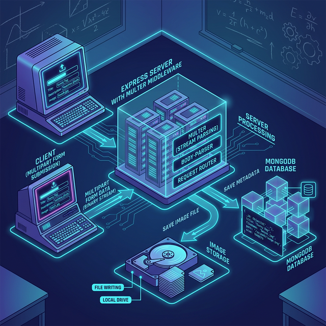 Neo-Retro isometric diagram showing an Express server processing a multipart form upload, storing the file on disk and the metadata in MongoDB.