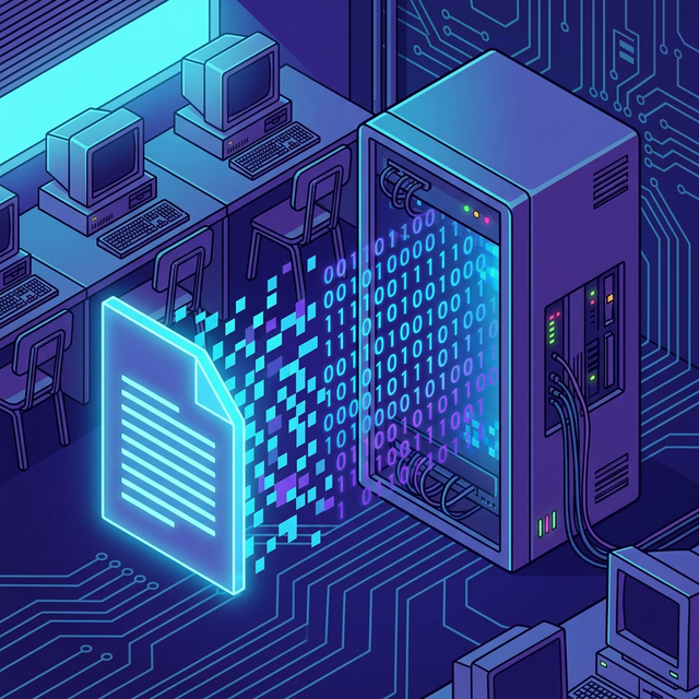 Neo-Retro isometric conceptual illustration of a digital document dissolving into binary code and flowing into a server rack.