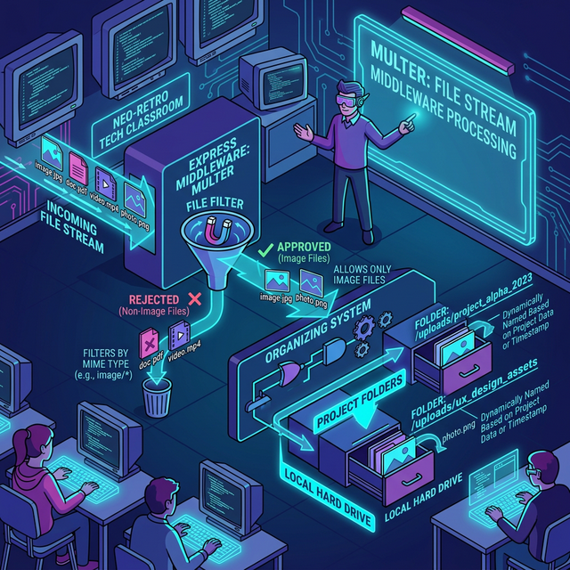 Neo-Retro isometric diagram showing Multer middleware filtering a file stream for images and organizing them into specific project folders.