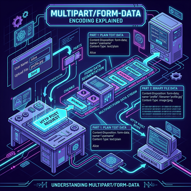 Neo-Retro isometric infographic explaining how multipart/form-data encoding breaks an HTTP POST request into distinct parts separated by a boundary string.