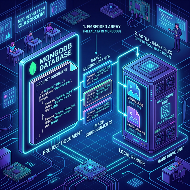 Neo-Retro isometric diagram showing a MongoDB Project Document containing an array of embedded Project Image Subdocuments, with physical image files stored on a local server hard drive.