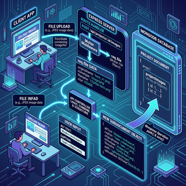 Neo-Retro isometric diagram showing an Express controller taking file metadata from Multer and text metadata from the user form, combining them to form a new subdocument object, and pushing that object into a project document's MongoDB array.