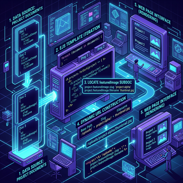 Neo-Retro isometric diagram showing an EJS template iterating over Project Documents to find the featuredImage subdocument and construct a dynamic URL path.