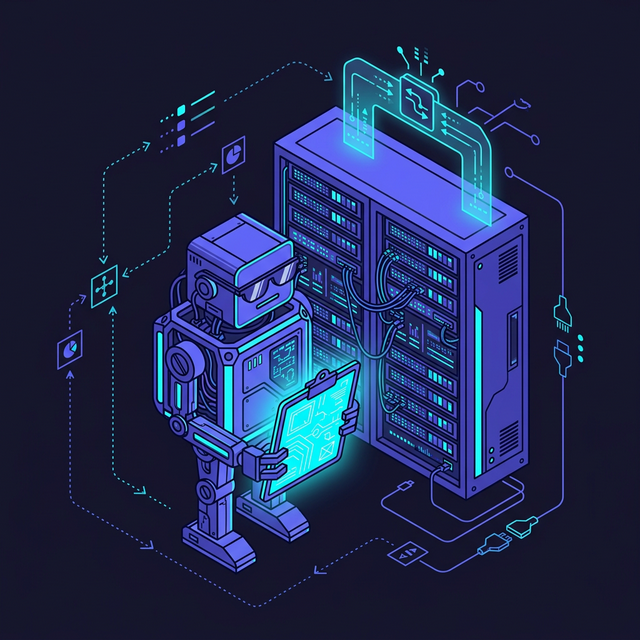 Neo-Retro isometric conceptual diagram of a robot bouncer protecting a server rack.
