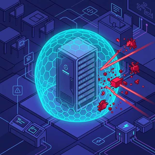 Isometric illustration of a server rack surrounded by a blue hexagonal energy shield deflecting red pixelated bugs.