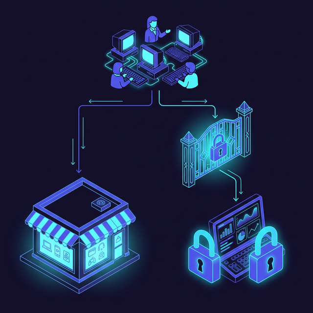 Isometric diagram showing a Public path leading to a storefront and a Protected path leading through a secure gate to an admin dashboard.